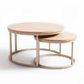 Round nesting tables set of two with wooden tops and metal frames in beige