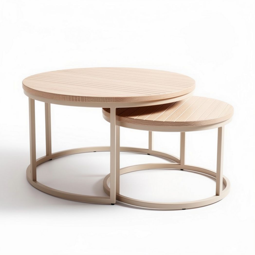 Round nesting tables set of two with wooden tops and metal frames in beige