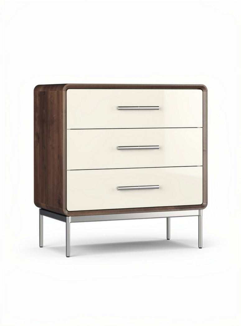 Wooden chest of drawers with three white glossy front panels and metal legs 80 x 40 x 80cm