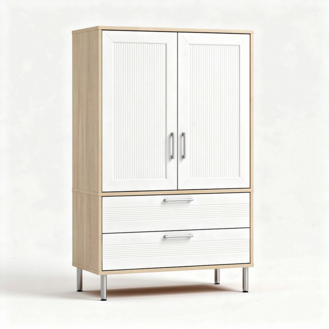 Wooden cabinet with two doors and two drawers in white and light oak finish 120 x 60 x 180cm