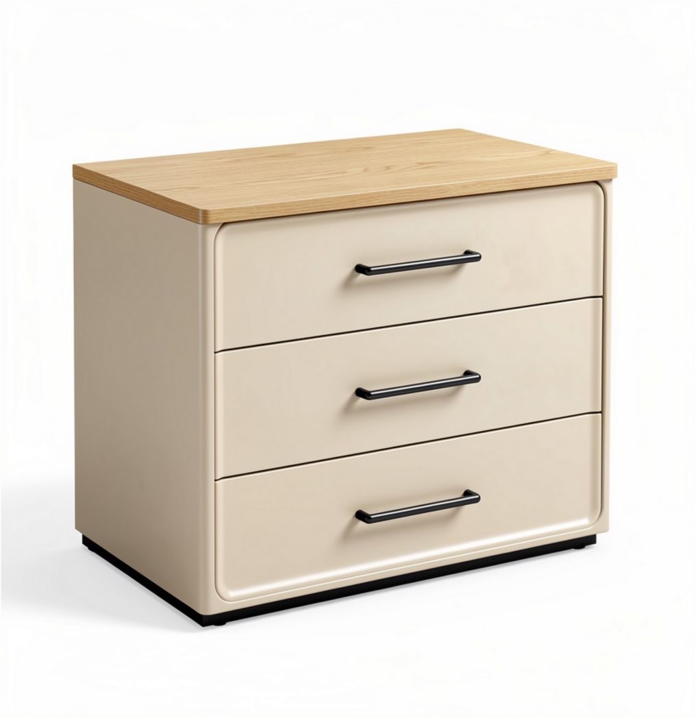 Three-drawer nightstand with wood top and metal handles 50 x 40 x 35cm