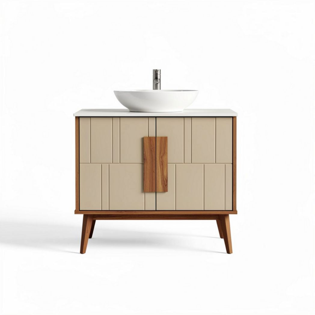 Wooden bathroom vanity cabinet with ceramic sink 60 x 45 x 80cm beige