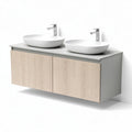 Double sink bathroom vanity with natural wood finish and modern design 120 x 50 x 45cm