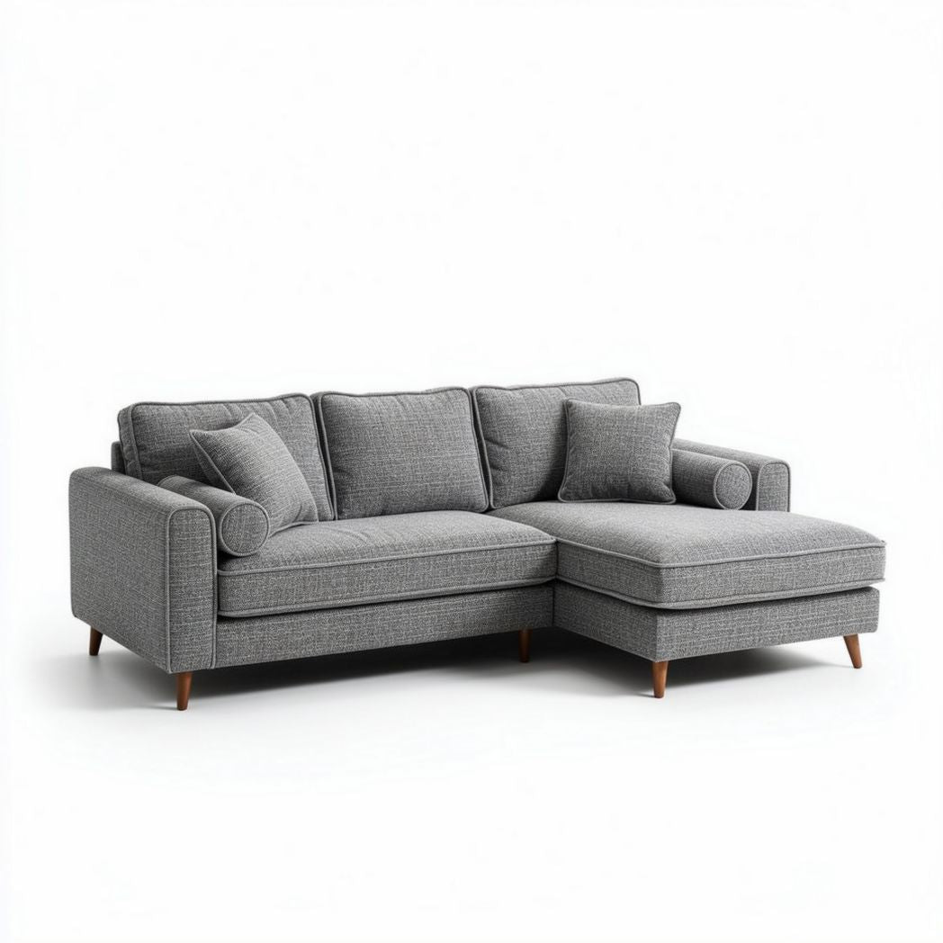 Gray fabric sectional sofa with chaise lounge and six pillows 220 x 90 x 85cm
