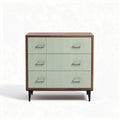 Three-drawer storage cabinet in mint green and walnut finish with metal handles
