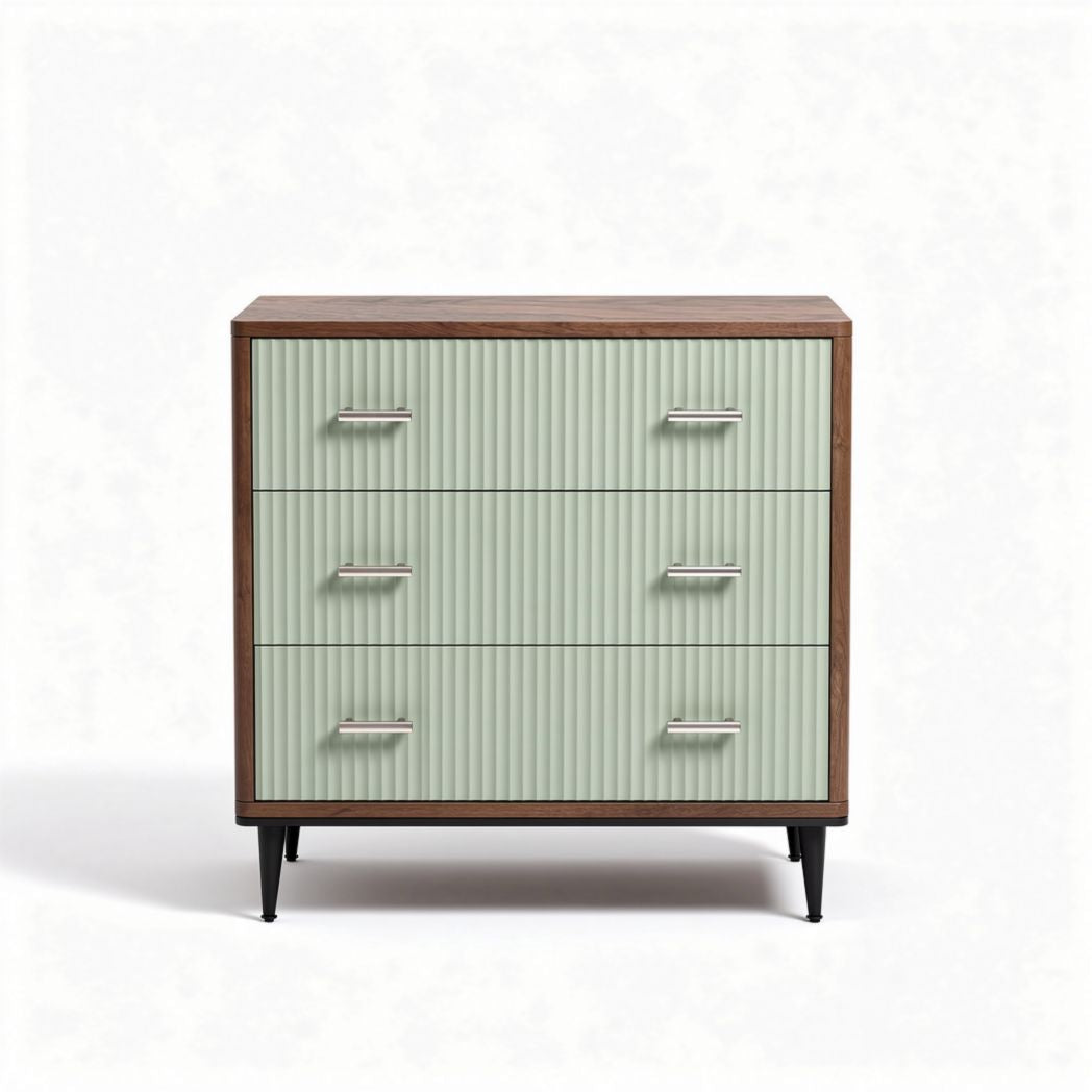 Three-drawer storage cabinet in mint green and walnut finish with metal handles