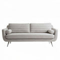Modern two-seater sofa in light gray fabric with chrome legs and side cushions
