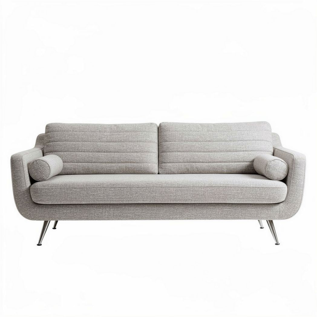 Modern two-seater sofa in light gray fabric with chrome legs and side cushions